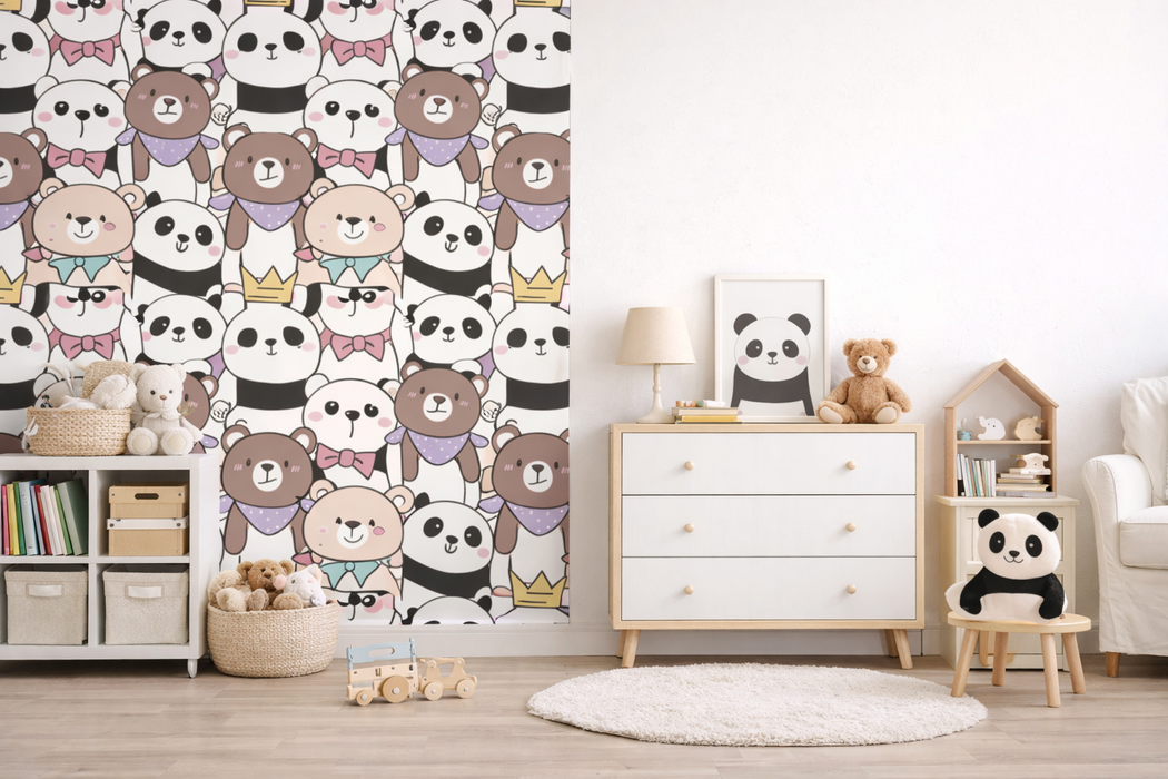 Papel pintado infantil de osos multicolor instalado en pared
