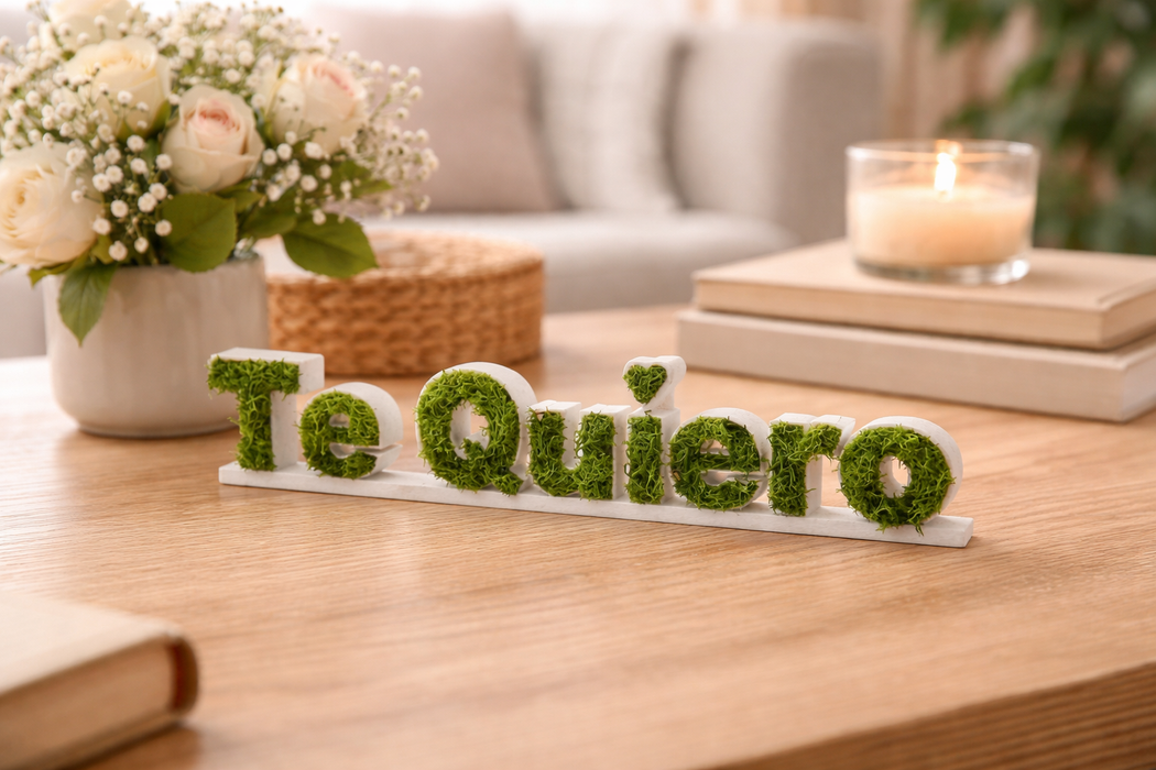 Pack de letras Te Quiero con musgo natural decorando un mueble, ideal como regalo romántico