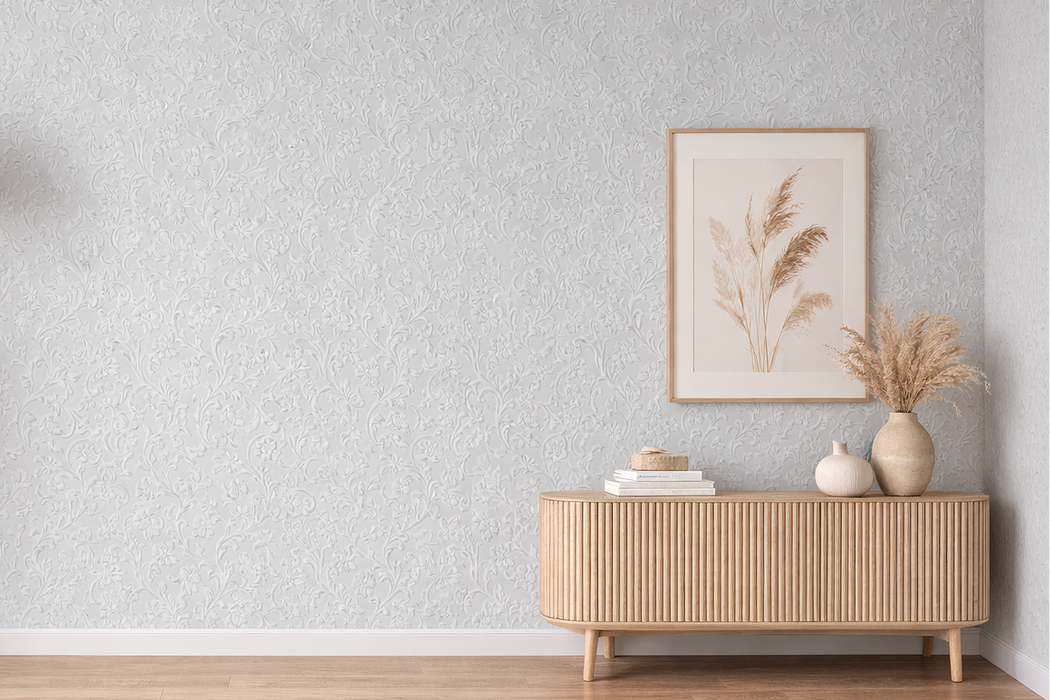 Papel pintado floral blanco en relieve