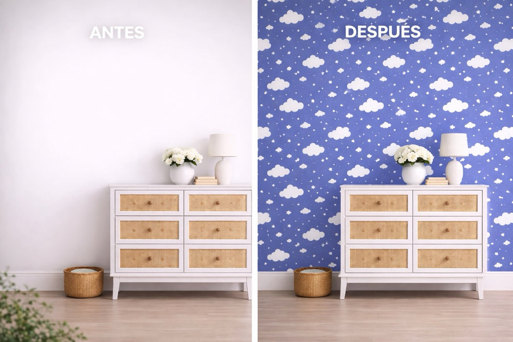 Papel pintado infantil nubes y estrellas azul
