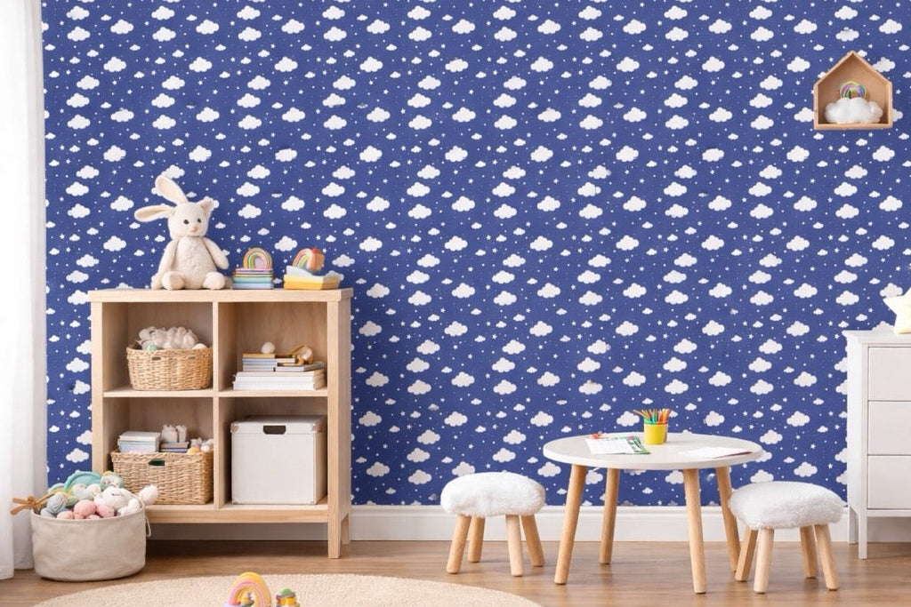 Papel pintado infantil nubes y estrellas azul