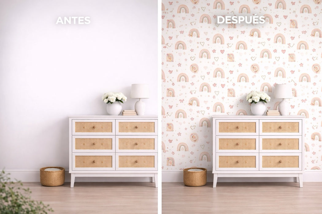 Papel pintado infantil arcoíris y corazones rosa