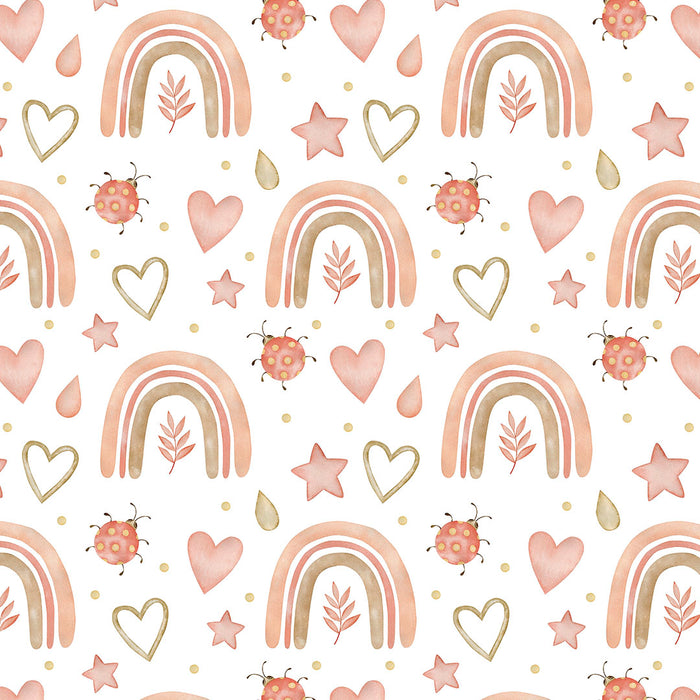 Papel pintado infantil arcoíris y corazones rosa