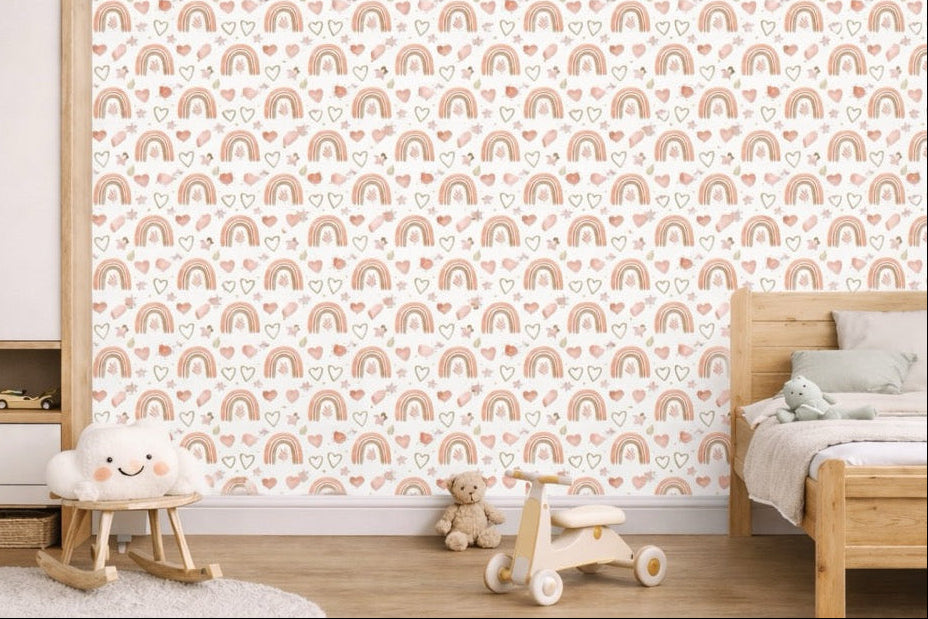 Papel pintado infantil arcoíris y corazones rosa