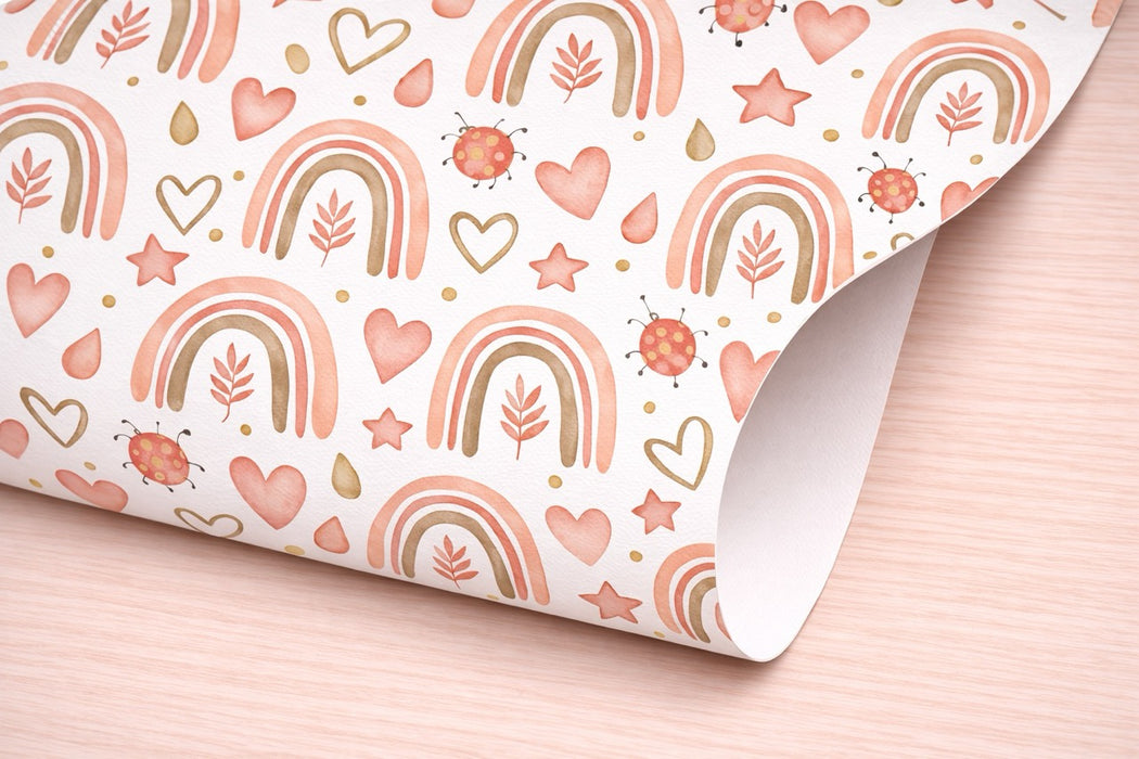 Papel pintado infantil arcoíris y corazones rosa