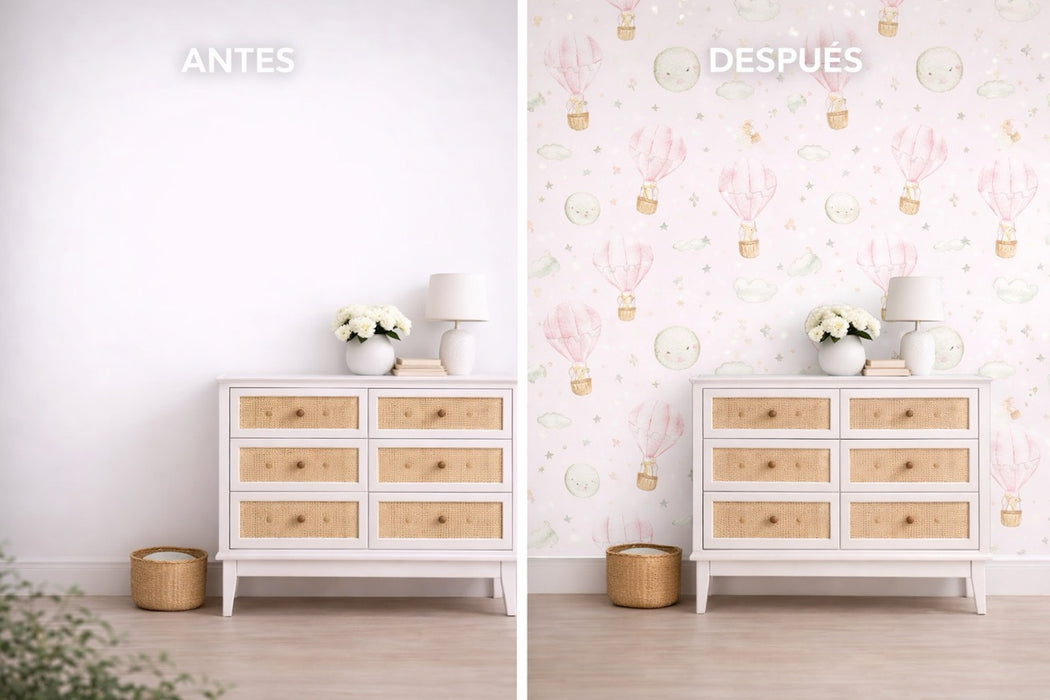 Papel pintado infantil globos aerostáticos rosa