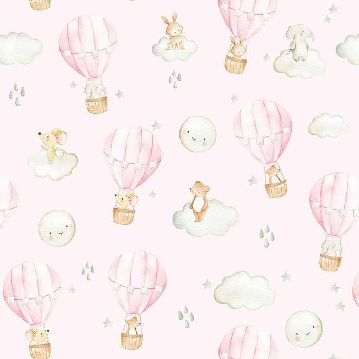 Papel pintado infantil globos aerostáticos rosa