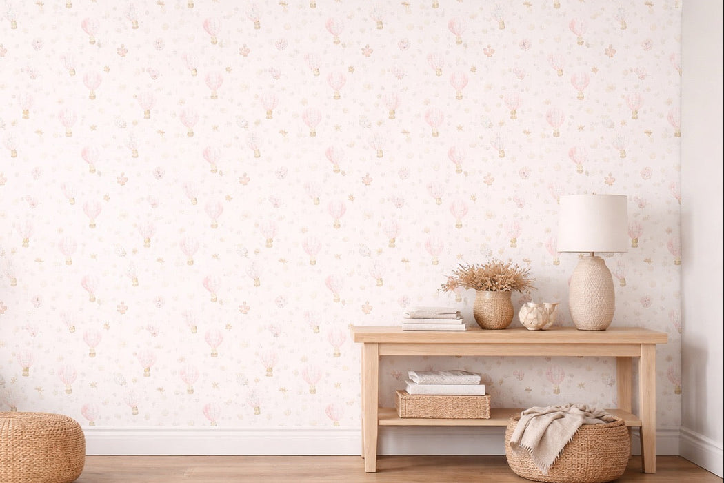 Papel pintado infantil globos aerostáticos rosa