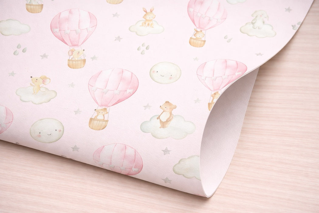 Papel pintado infantil globos aerostáticos rosa