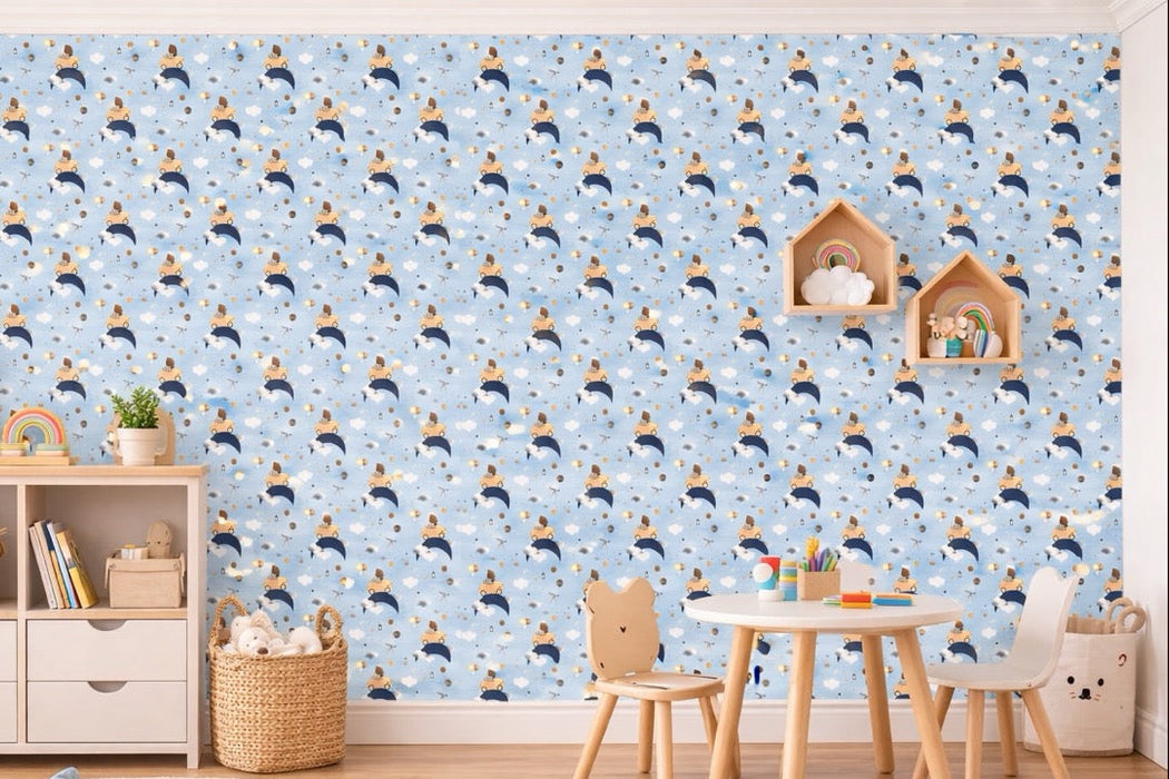 Papel pintado infantil oso aventurero cielo