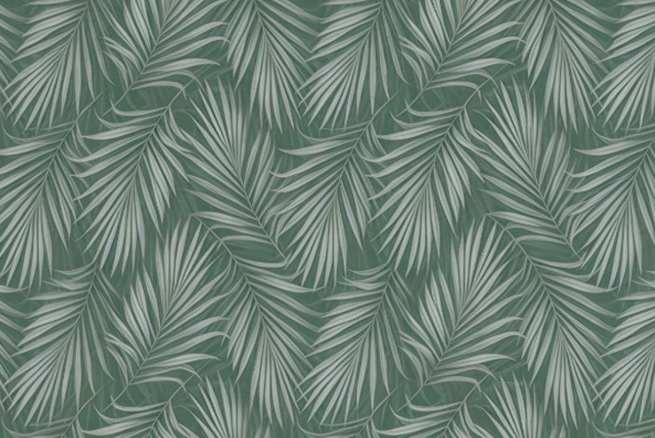 Detalle de papel pintado con estampado de plantas minimalistas sobre un tono turquesa