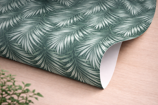 Esquina de papel pintado con estampado de plantas minimalistas sobre un tono turquesa