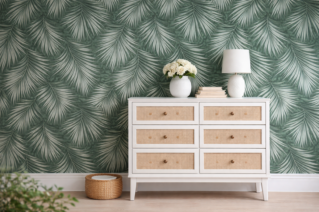 Papel pintado con plantas minimalistas sobre un tono turquesa, instalado en una pared. 