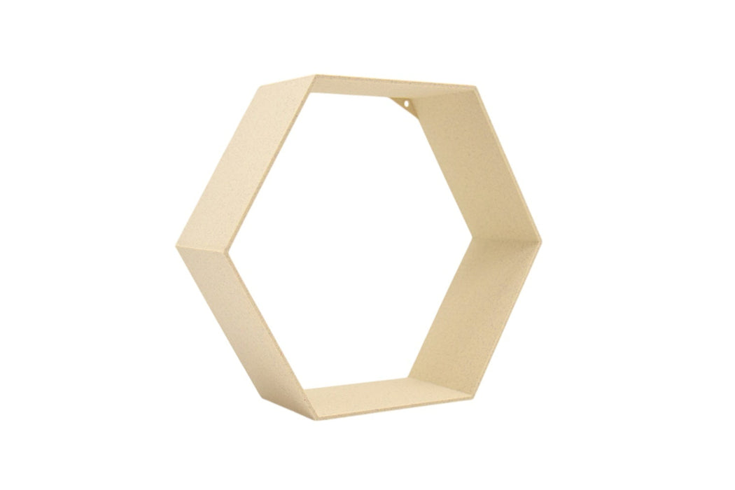 Balda hexagonal decorativa individual en color arena, vista frontal sin contenido
