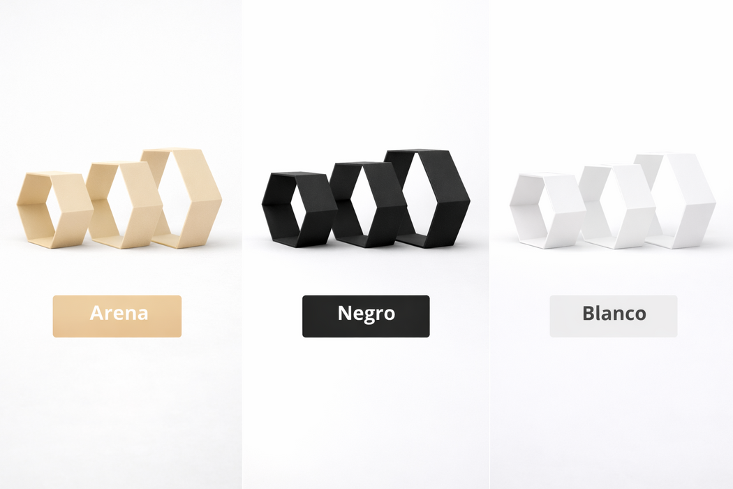 Comparativa de baldas hexagonales decorativas en distintos colores disponibles