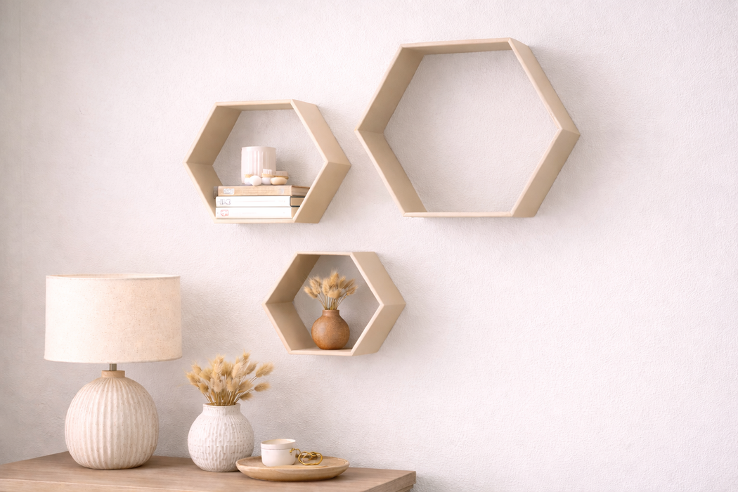 Baldas hexagonales decorativas colocadas en la pared como estanterías flotantes en ambiente hogareño
