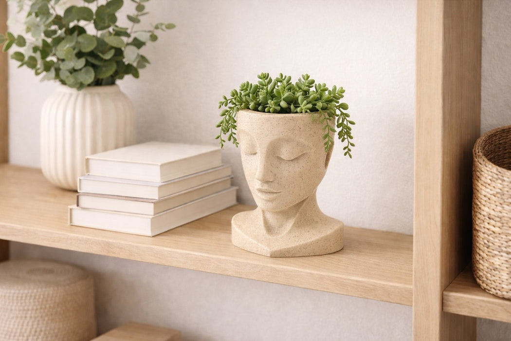macetero rostro minimalista decoracion hogar vista lateral color arena con plantas fondo hogar