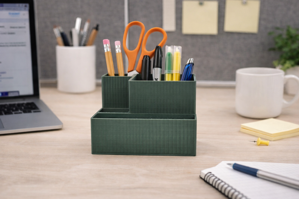 Organizador multifuncional verde colocado sobre escritorio como elemento decorativo y funcional