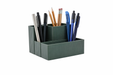 Organizador multifuncional de escritorio en color verde interferencia con lápices y material de oficina
