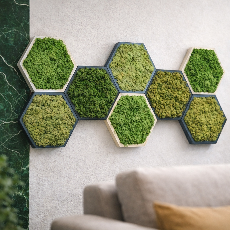 Paneles hexagonales de musgo natural decorativo