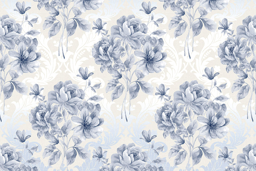 Detalle de papel pintado con estampado de flores azules con fondo blanco