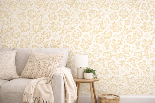 Papel pintado con estampado de flores en tonos beige y fondo blanco roto, instalado en un salón