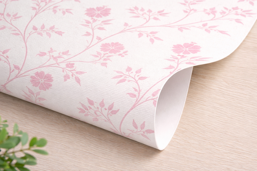 Detalle de esquina de papel pintado con estampado de flores rosas con fondo blanco 