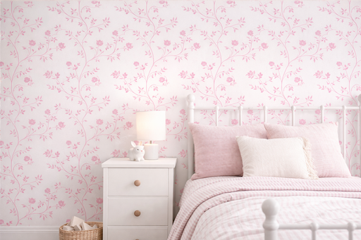 Papel pintado con estampado de flores rosas con fondo blanco, instalado en habitación