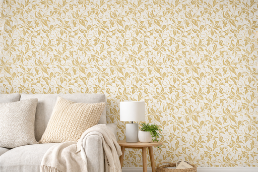 Papel pintado con estampado de flores amarillas con fondo blanco, instalado en un salón