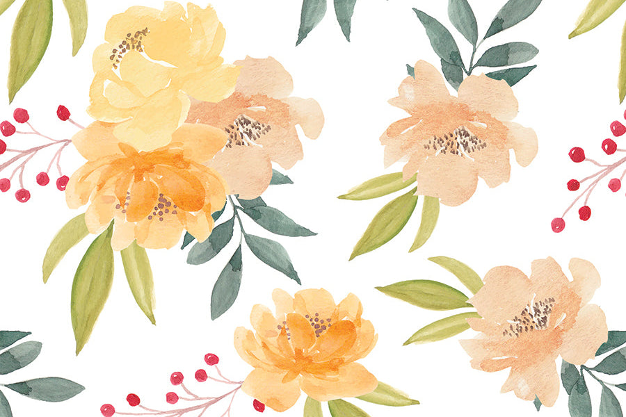 Detalle de papel pintado con estampado de flores amarillas sobre fondo claro