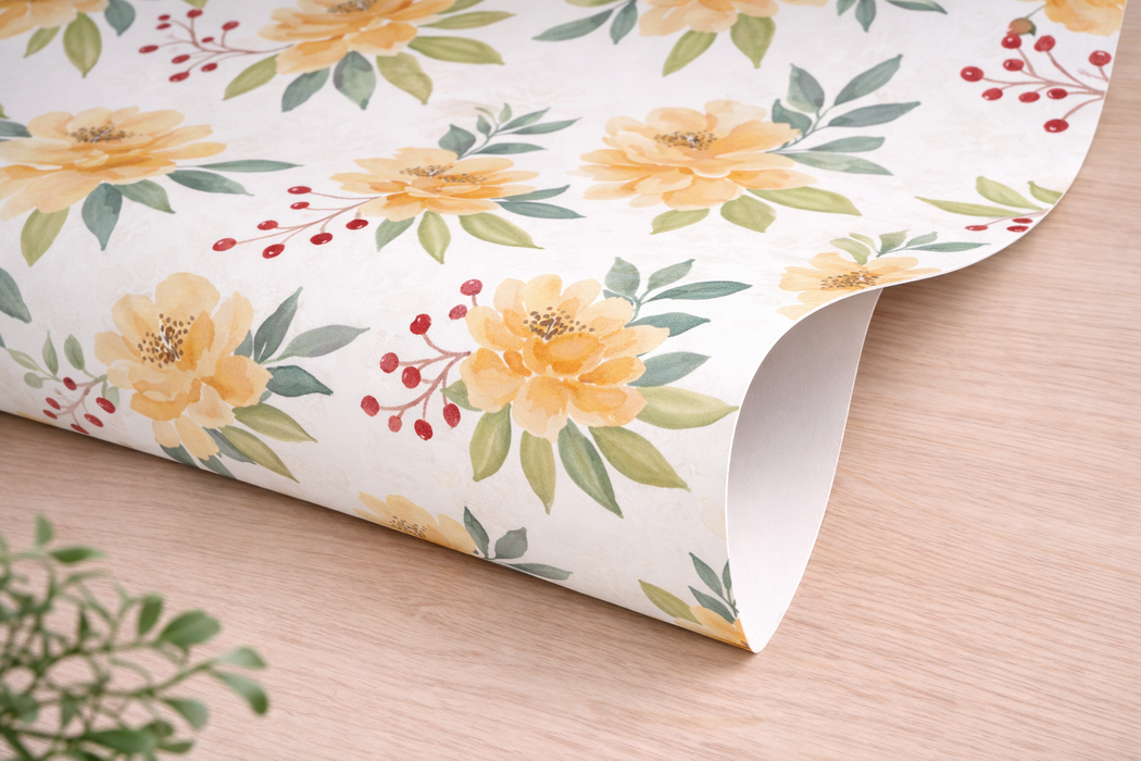 Esquina de papel pintado con estampado de flores amarillas sobre fondo claro