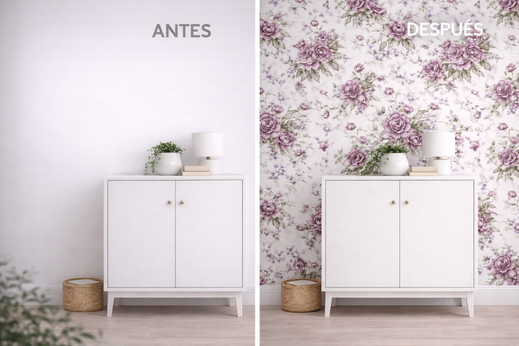 Papel pintado flores vintage malva