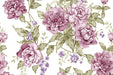 Detalle de papel pintado con estampado de flores con tonos morados y malva sobre fondo claro