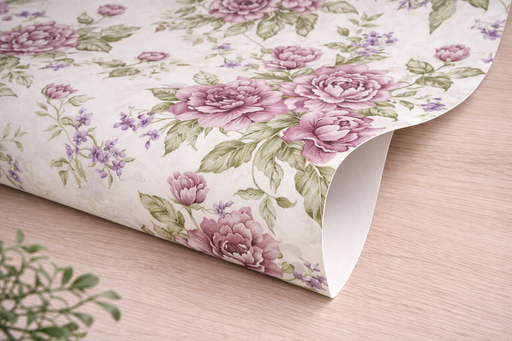 Detalle esquina de papel pintado con estampado de flores con tonos morados y malva sobre fondo claro