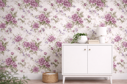 Papel pintado con estampado de flores con tonos morados y malva sobre fondo claro, instalado en pared