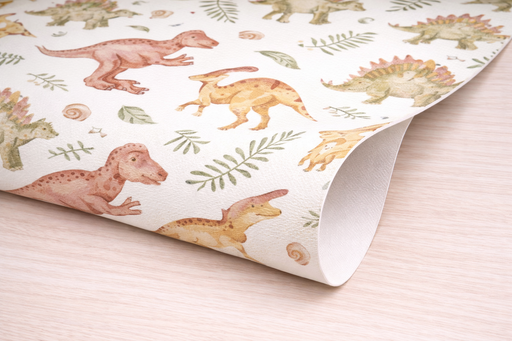 Detalle de esquina del patrón de papel pintado infantil con ilustraciones de dinosaurios en estilo acuarela