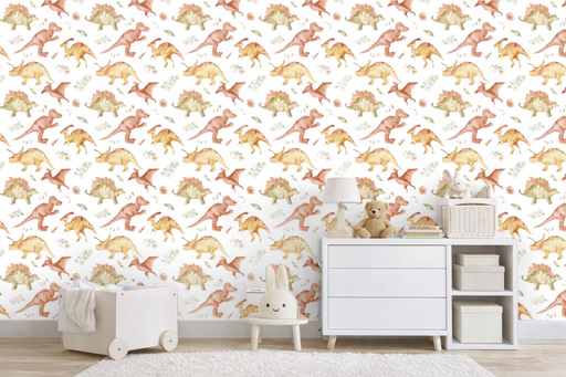 Papel pintado infantil con ilustraciones de dinosaurios en estilo acuarela instalado en una pared
