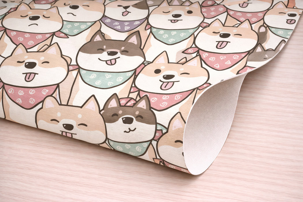 Detalle de esquina d papel pintado infantil de perritos con fondo claro y colores suaves
