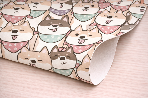 Detalle de esquina d papel pintado infantil de perritos con fondo claro y colores suaves