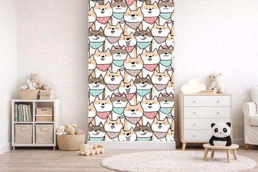 Papel pintado infantil de perritos con fondo claro y colores suaves instalado en una pared