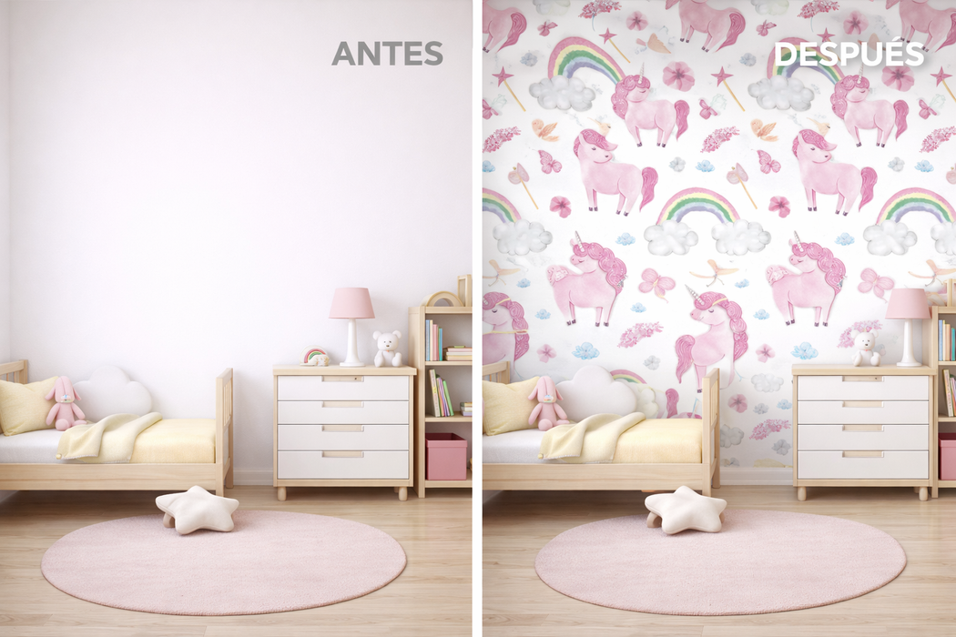 Papel pintado infantil de unicornios y arcoíris