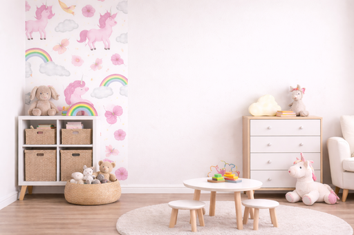 Papel pintado infantil con unicornios y arcoíris y flores sobre fondo claro instalado en una pared
