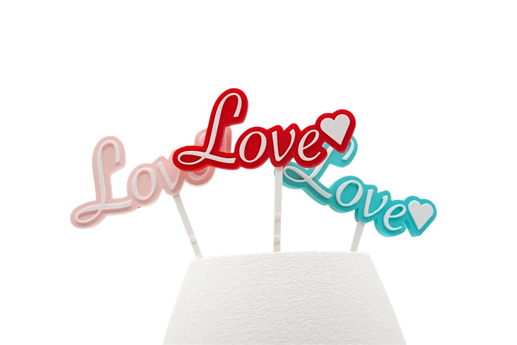 Picks decorativos Love en color rosa,rojo y azul impresos en PLA mediante impresión 3D