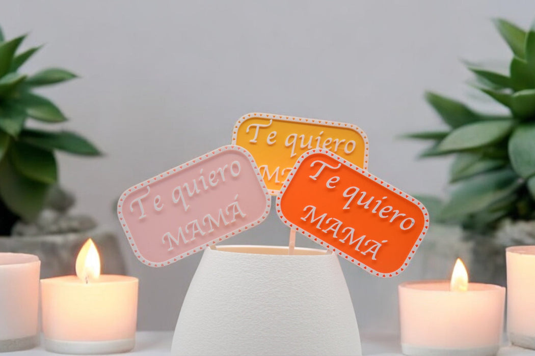 Picks decorativos Te Quiero Mamá colocados en maceta como detalle para regalar