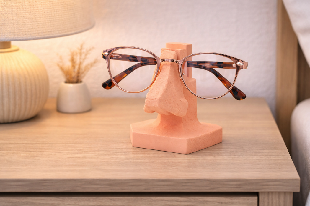 Soporte para gafas con forma de nariz sobre una mesa en un entorno decorativo