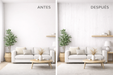 Comparación de pared antes y después de aplicar vinilo efecto madera blanca suave