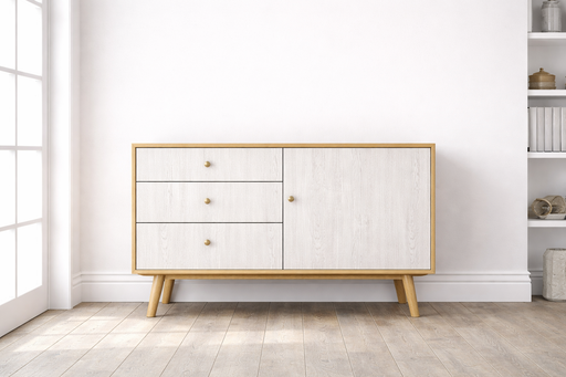 Vinilo decorativo efecto madera blanca suave colocado sobre un mueble