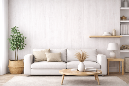 Vinilo decorativo efecto madera blanca suave aplicado en pared detrás de un sofá