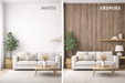 Comparación de pared antes y después de aplicar vinilo efecto madera gris natural