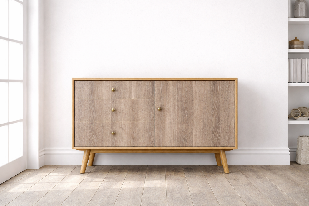 Vinilo decorativo efecto madera gris natural colocado sobre un mueble